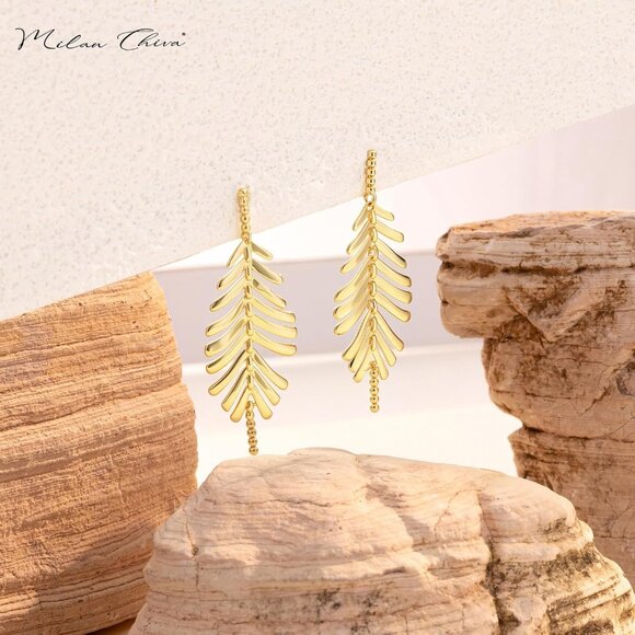 Gold Leaves Dangle Drop Statement Minimalist Earrings for Women Trendy Jewelry - Picture 3 of 6